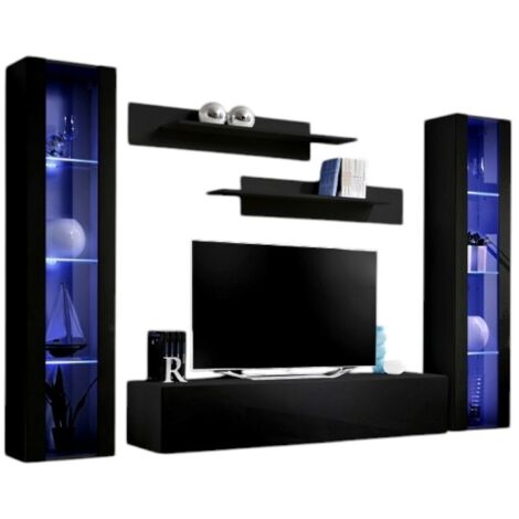 Meuble TV FLY A2 design, coloris noir brillant + LED. Meuble suspendu moderne et tendance pour votre salon.