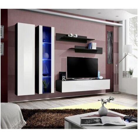 Meuble TV FLY A3 design, coloris noir brillant + LED. Meuble suspen