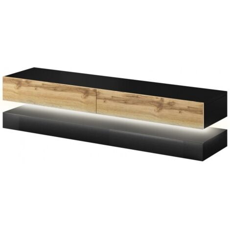 Meuble TV FLY avec LED blanc coloris chêne et noir 140x33,8 cm