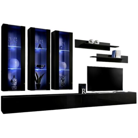 Meuble TV FLY E3 design, coloris noir brillant. Meuble suspendu moderne et tendance pour votre salon.