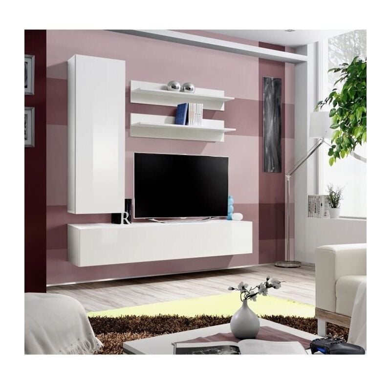 Meuble TV FLY H1 design, coloris blanc brillant. Meuble suspendu moderne et tendance pour votre salon. - Blanc