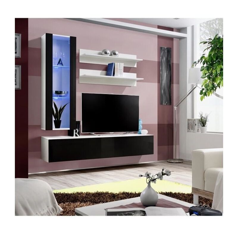Meuble TV FLY H2 design, coloris blanc et noir brillant. Meuble suspendu moderne et tendance pour votre salon. - Blanc