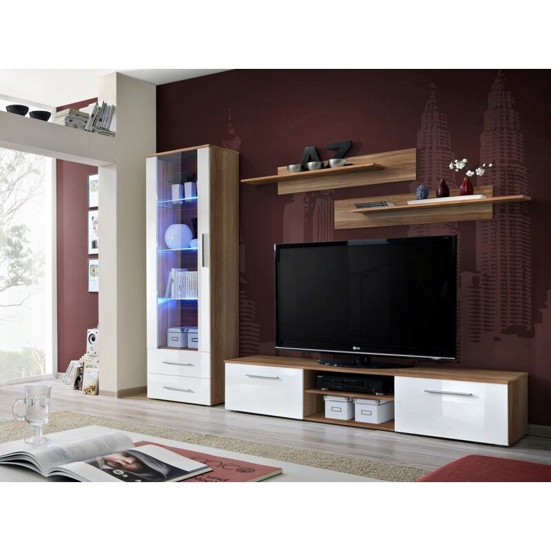 Meuble TV GALINO design, coloris prunier et blanc brillant. Meuble moderne et tendance pour votre salon. - Marron