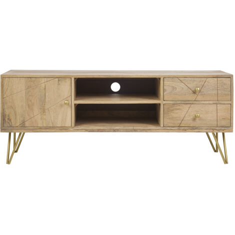 Meuble TV gravé en bois manguier massif et métal L130 LINIUM