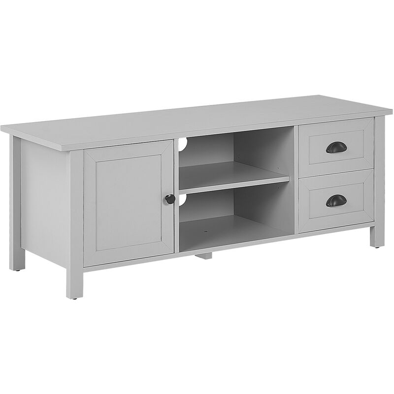 meuble tv buffet gris clair en bois d'ingénierie avec 2 tiroirs et porte étagères trous passe-câble style rustique et scandinave