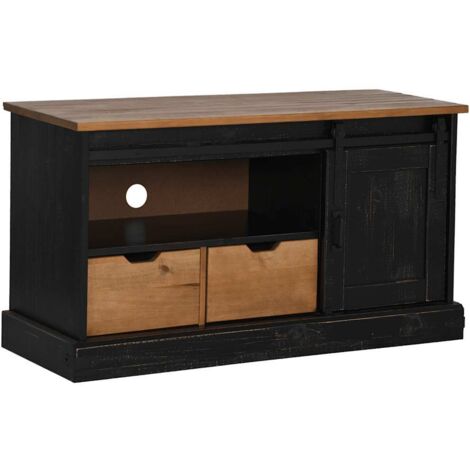 Meuble TV HALDEN avec porte coulissante et deux tiroirs 110 x 40 x 60 cm style rustique en bois noir