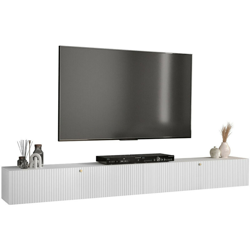 Meuble tv Elblaru 112, Blanc, Le nombre de portes: 0, Nombre de tiroirs: 0, 300x34x40cm