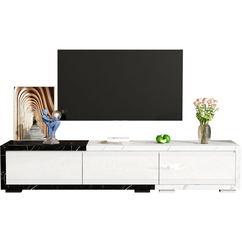 Meuble TV haute brillance, longueur réglable (140-179,5 cm) - Armoire TV moderne avec aspect marbre ,blanc et noir.