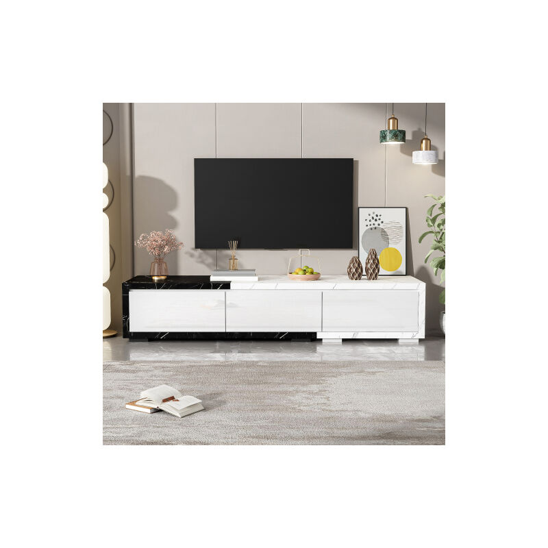 Meuble TV haute brillance, longueur réglable (140 - 179,5 cm) – meuble TV moderne avec aspect marbre