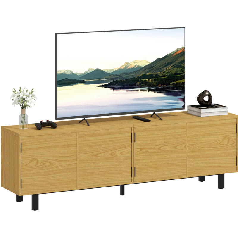 HOMCOM Meuble Tv Style Natural Chic 4 Portes Effet Bois M&eacute;tal Noir