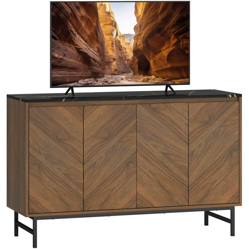 Meuble TV - HOMCOM - 4 portes, plateau effet marbre et étagères réglables - panneau de particules et MDF - 120x39x76cm - noyer