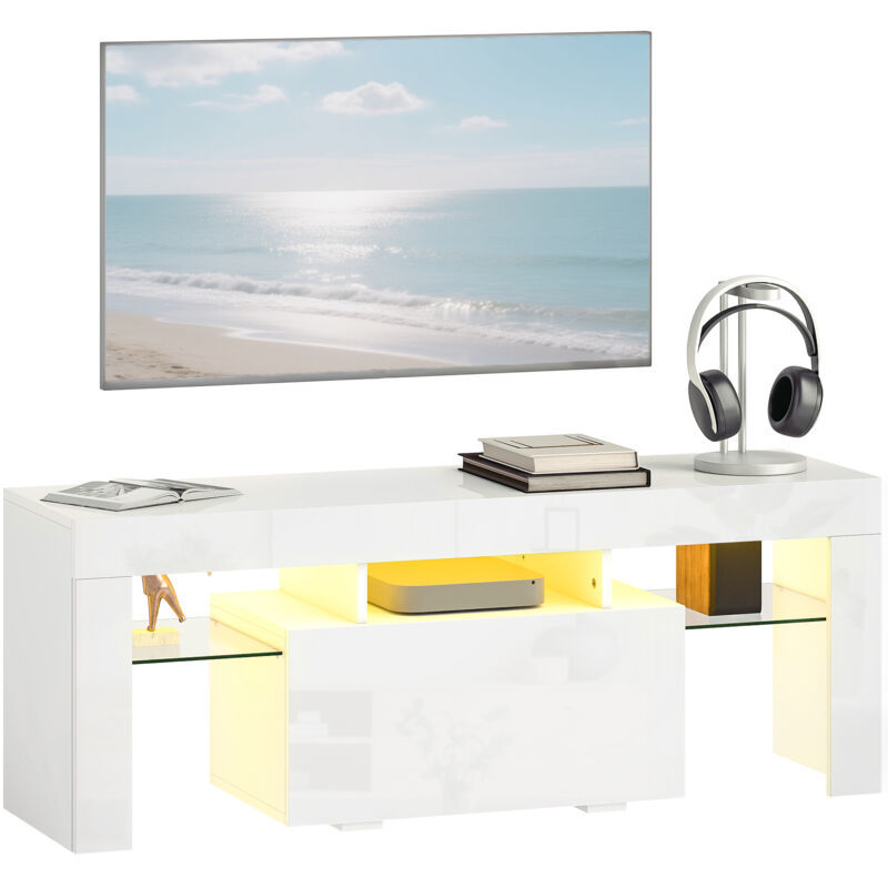 Meuble TV - HOMCOM - éclairage LED RGB, haute brillance, étagères en verre trempé, placard rabattable - MDF - 120x34x45cm - blanc