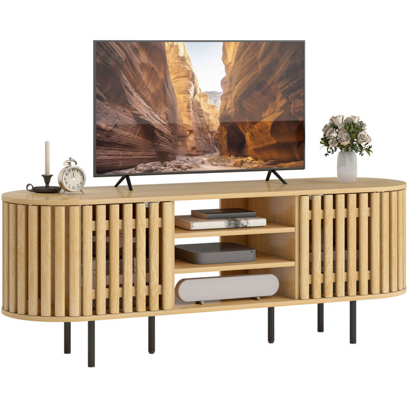 Meuble TV - HOMCOM - pour téléviseur jusqu'à 60 pouces - 2 portes et 3 niches - panneau de particules - 140x40x52cm - bois naturel