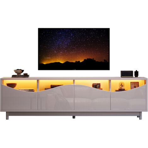 Meuble TV incurvé, blanc, brillant, porte en verre trempé, éclairage LED, convient comme meuble de divertissement, chambre, salon, 175 x 38 x 51 cm