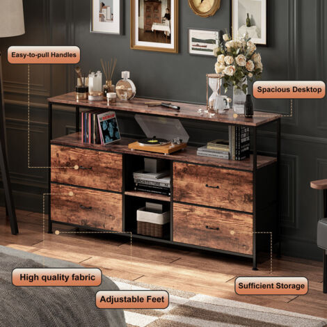 Meuble TV Industriel 108x30x77 cm Bois et Métal avec 4 Tiroirs, Étagères Ouvertes et Éclairage LED RGB, Meuble de Rangement pour Salon Chambre Bureau