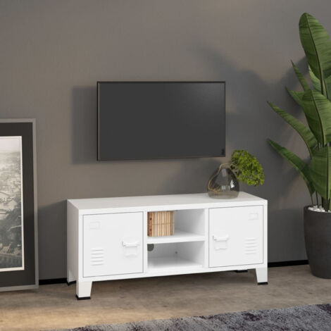 Vidaxl – Meuble TV industriel blanc 105x35x42 cm – Métal robuste avec étagère – Capacité de charge 40 kg – Organisation câbles intégrée