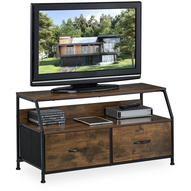 Meuble tv, industriel, HxLxP : 48,5x93x41,5 cm, métal, effet bois, 2 tiroirs, console télévision, marron/noir - Relaxdays