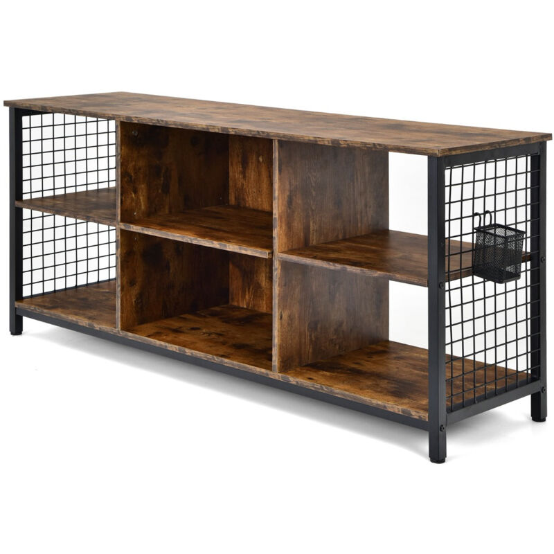 Helloshop26 - Meuble tv industriel pour téléviseurs jusqu'à 65 table console multimédia à 3 niveaux panier de rangement 2 trous de gestion des câbles