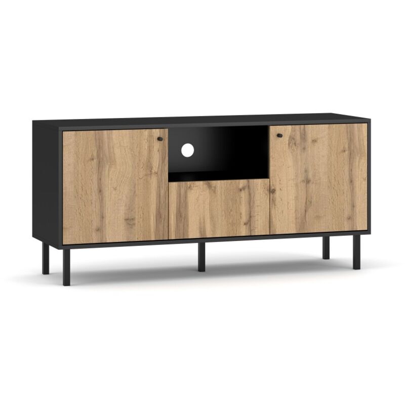 Price Factory - Meuble TV industriel SPEBO, 140 cm, 2 portes et 1 tiroir, coloris noir mat et chêne wotan. - Marron