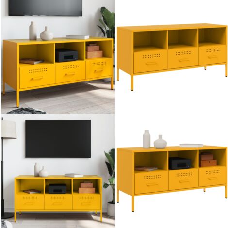 Meuble TV jaune moutarde 100,5x39x50,5 cm acier - Meubles Tv - Meuble Tv Industriel - Meuble Tv Design - Meuble Tv Acier - Rangement Tv - Home & Living