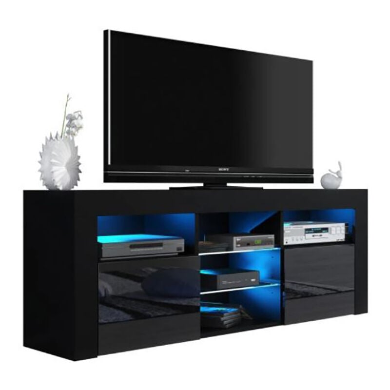 Dusine - Meuble tv jive noir à led 145 cm avec 2 portes laquées