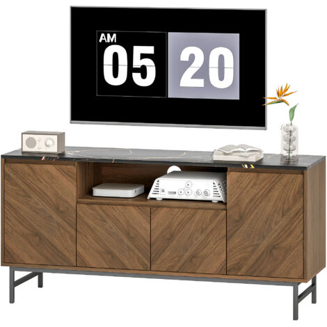 Meuble TV jusqu'à 65 pouces meuble télé bois avec compartiment ouvert et passe-câbles, effet marbre, 140x39x66cm, noyer