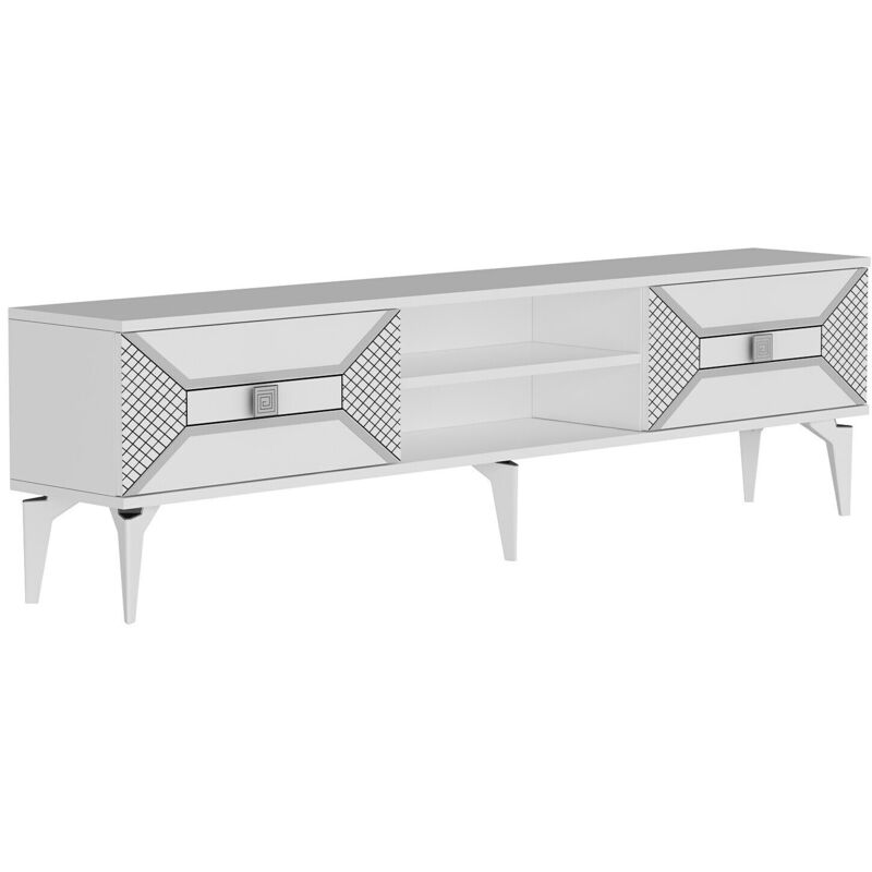 Meuble TV Kapa L150cm Blanc et Motif Géométrique Argent