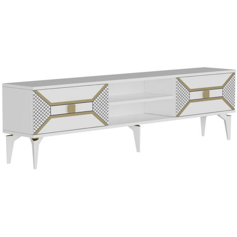 Meuble TV Kapa L150cm Blanc et Motif Géométrique Or