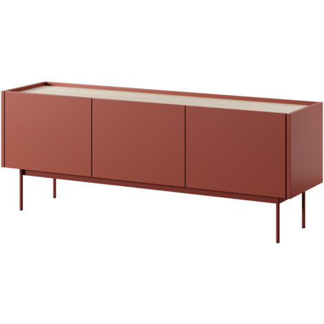 Meuble TV Kelowna - Rouge, Chêne - largeur 144 cm, hauteur 55 cm, profondeur 37 cm