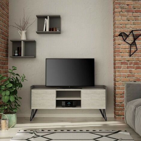 Meuble TV Klappe anthracite avec portes blanches vintage et deux étagères 56,50x125,50x33 cm