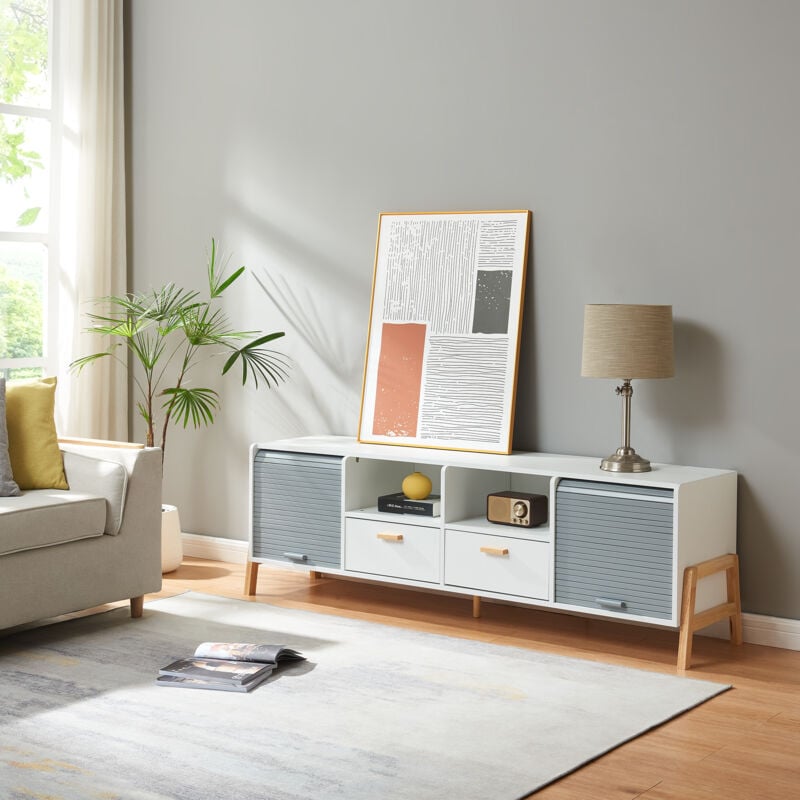 [en.casa] - Meuble tv Kvaefjord 160 x 40 x 52 cm blanc gris naturel