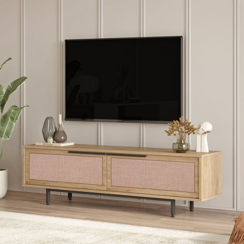 Meuble TV Kvænangen 160 x 36 x 45 cm effet chêne aspect rotin [en.casa]