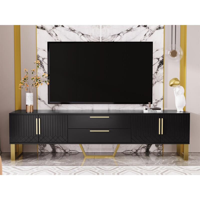 Modernluxe - Meuble tv l 170cm - aspect brillant - 4 portes texturées gravées avec poignées dorées - Noir