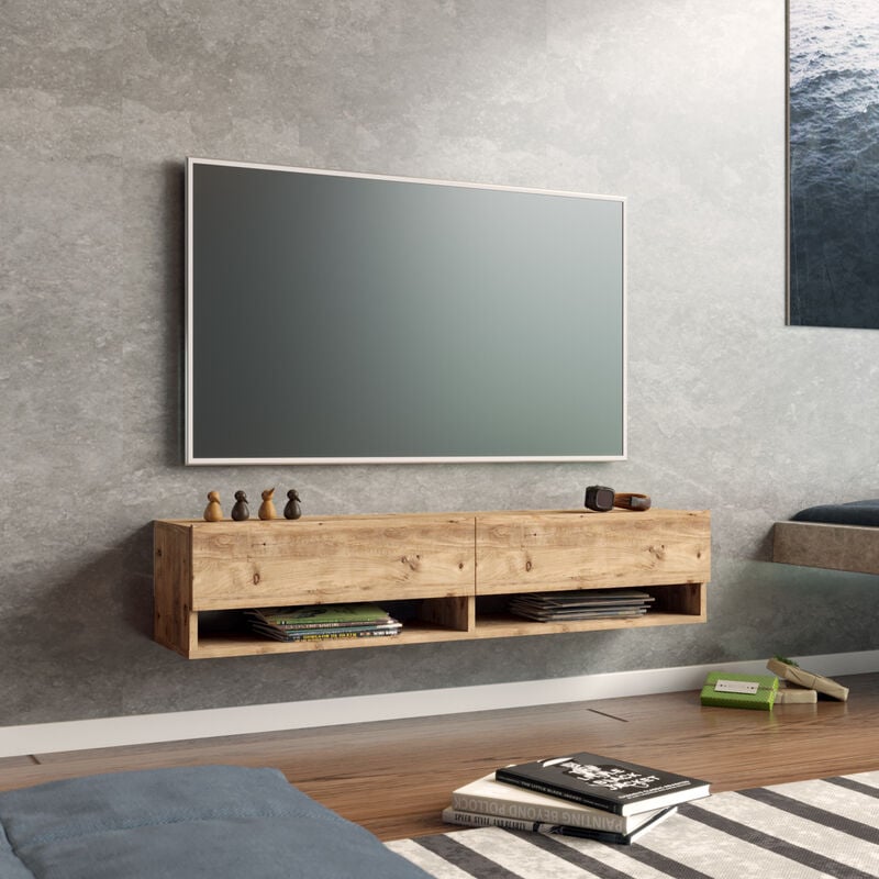 Meuble tv Laitila à 2 portes 29,5 x 140 x 31,5 cm effet chêne rustique [en.casa]