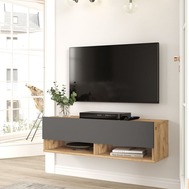 Meuble TV Laitila à porte 29,5 x 100 x 31,5 cm effet chêne rustique / anthracite [en.casa]