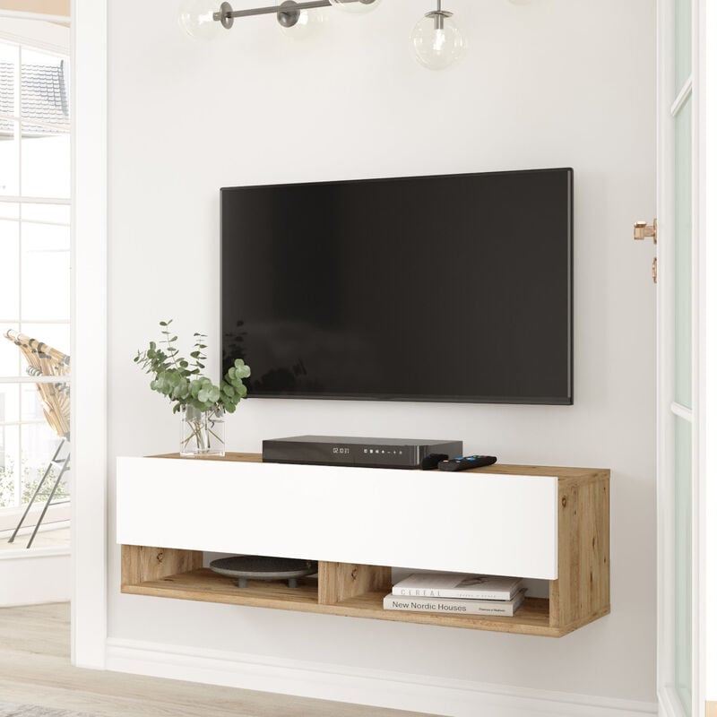 [en.casa] - Meuble tv Laitila à porte 29,5 x 100 x 31,5 cm effet chêne rustique / blanc