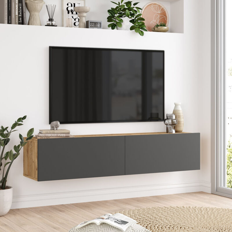 Meuble tv Lapinlahti à 2 portes 29,5 x 140 x 31,5 cm effet chêne rustique / anthracite [en.casa]