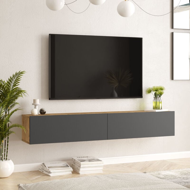Meuble tv Lapinlahti à 2 portes 29,5 x 180 x 31,5 cm effet chêne rustique / anthracite [en.casa]