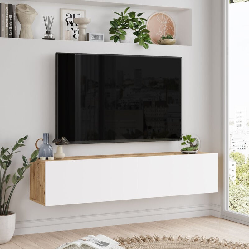 [en.casa] - Meuble tv Lapinlahti à 2 portes 29,5 x 140 x 31,5 cm effet chêne rustique / blanc