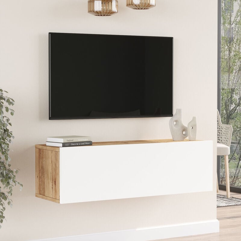 Meuble TV Lapinlahti à porte 29,5 x 100 x 31,5 cm effet chêne rustique / blanc [en.casa]