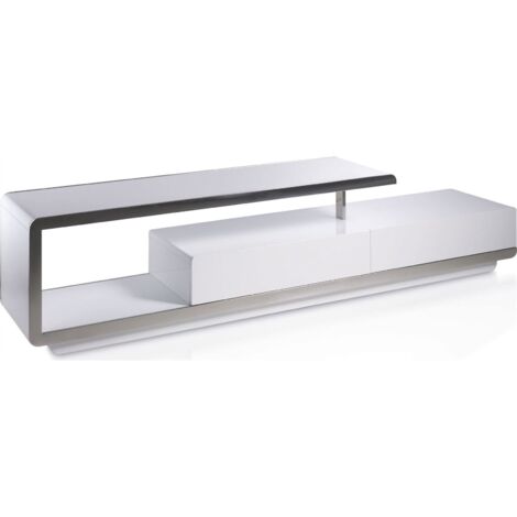 Meuble TV laqué avec façade acier inoxydable - Blanc