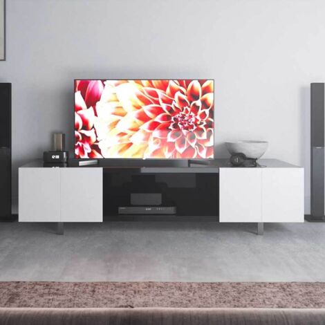 Meuble TV laqué blanc et noir 210 cm Design moderne 2 portes