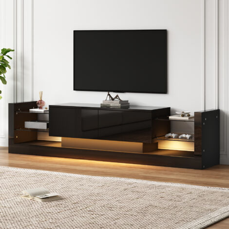 Meuble TV laqué brillant avec éclairage LED, 181 cm – Pour téléviseurs jusqu'à 80 pouces, façade en verre, deux tiroirs rabattables