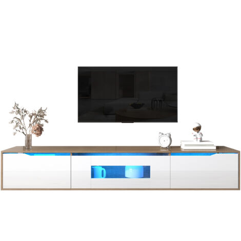 Meuble TV laqué brillant blanc bois LED multicolore salon design moderne élégant