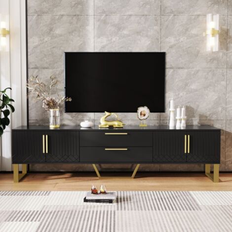 Meuble TV laqué brillant, poignées et pieds dorés, porte gravée, rangement élégant et luxueux pour salon - 170x40x53,5cm - Noir