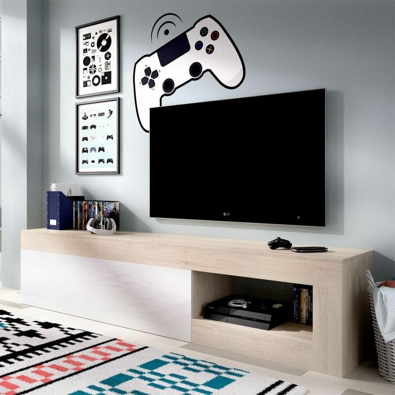 Meuble TV Lebo Naturel - Blanc Brillant 204 x 48 x 42 cm