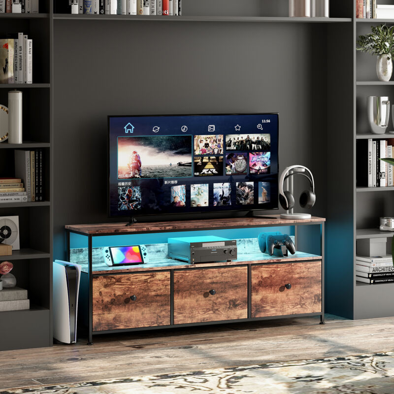 Fortuna Lai - Meuble tv led 108x30x57cm - 3 tiroirs en tissu cuir et métal noir - Marron