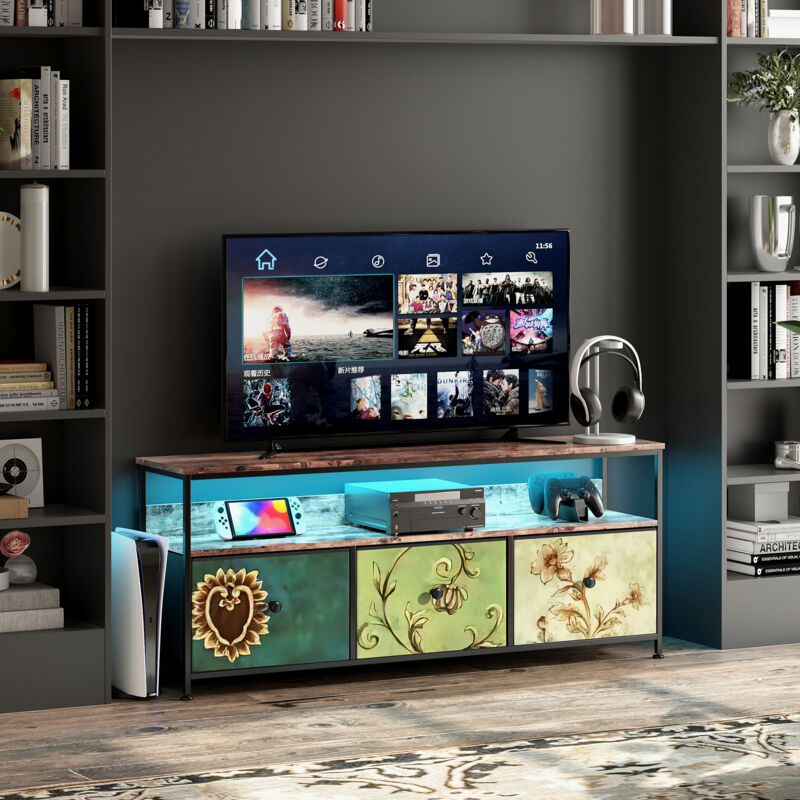 Meuble TV LED 108x30x57cm - 3 tiroirs en tissu cuir et métal noir - multicolore