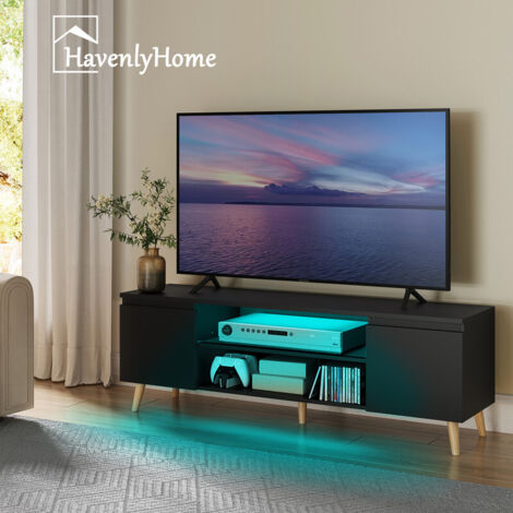 Meuble TV LED 120 cm HavenlyHome, Support Télé avec 2 Portes et 2 Etagères, pour Télévision jusqu'à 55", pour Salon et Chambre, Noir