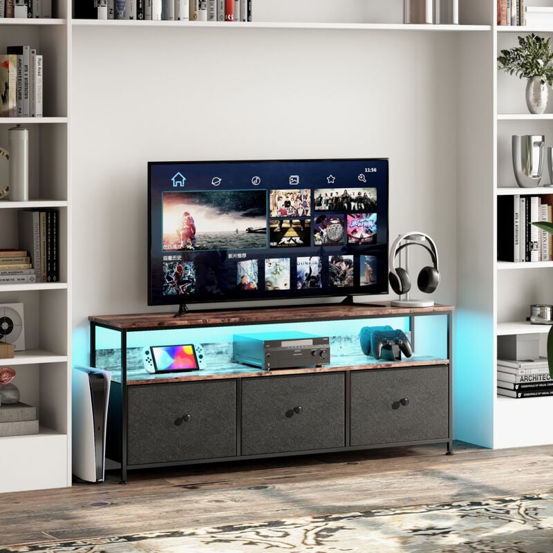 Fortuna Lai - Meuble tv led 137x30x57cm - 3 tiroirs en tissu cuir et métal noir - Noir